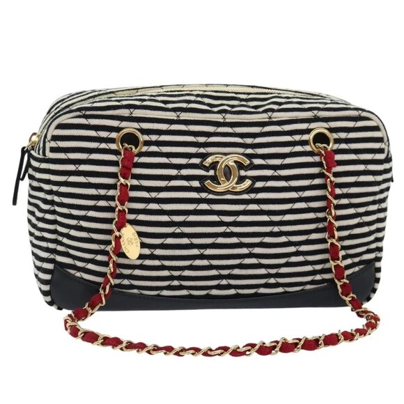 CHANEL Matelasse Chain Shoulder Bag Cotton Black White CC Auth 92066SM - Picture 1 of 16